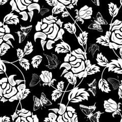 Papier Peint photo Lavable Fleurs noir et blanc motif floral sans soudure