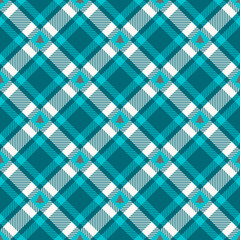 Fototapeta premium Seamless Pattern Turquoise Check Grey Xmas Trees Diagonal