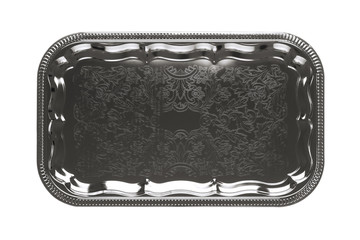 Empty silver tray with floral ornament isolated on white backgro
