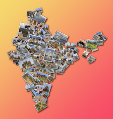 collage India map with collection of famous places photos