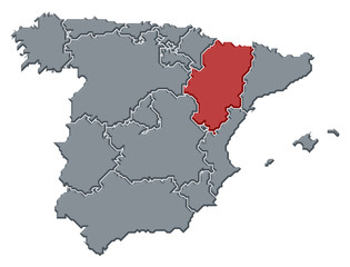 Obraz premium Map of Spain, Aragon highlighted