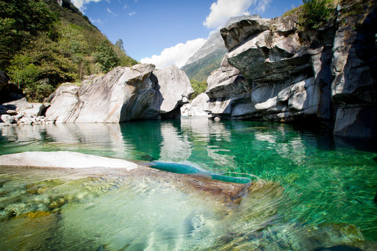 verzasca valley in swiss mountains