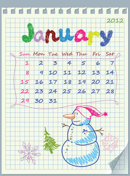 Calendar for January 2012. Exercise book in a cage