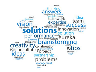 SOLUTIONS Tag Cloud (ideas questions and answers jigsaw piece)