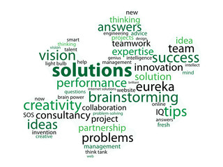 SOLUTIONS Tag Cloud (ideas questions and answers jigsaw piece)