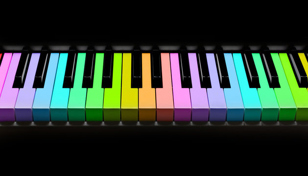 Clavier de piano multicolore, fond noir