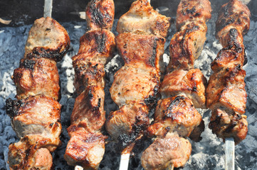 Tasty fry meat (pork barbecue) cooked outdoor