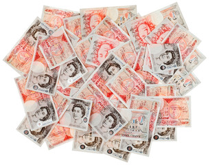 Many 50 pound sterling bank notes business background, isolated