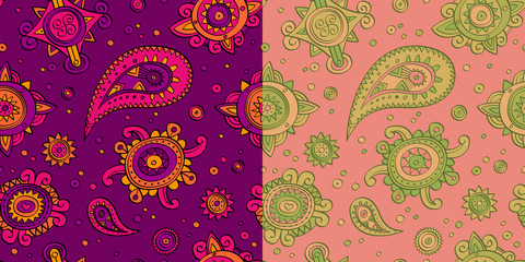 Set of two different colors ethnic seamless patterns