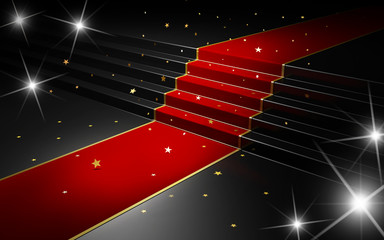 Fototapeta premium Spadające gwiazdy na czerwonym dywanie z lampami błyskowymi z kamer