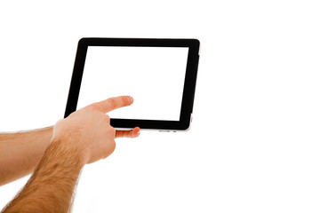 a male hand holding a touchpad pc, isolated on white
