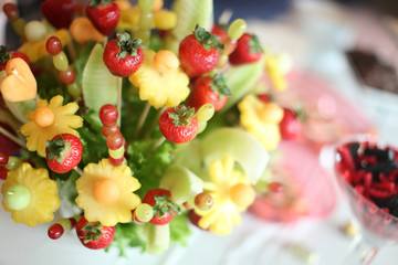 Fancy assorted fruit bouquet display.