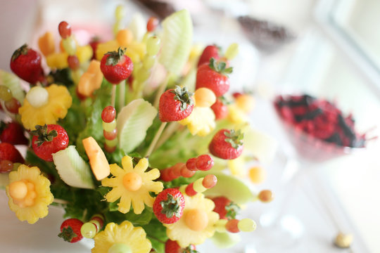Fancy assorted fruit bouquet display.