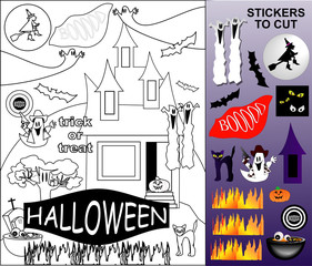 Halloween coloring sheet with stickers to cut