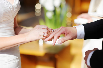 Bride putting a wedding ring on groom's finger