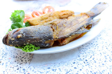 Fried salt water bass and salad