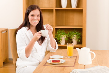 Breakfast at home happy woman with coffee