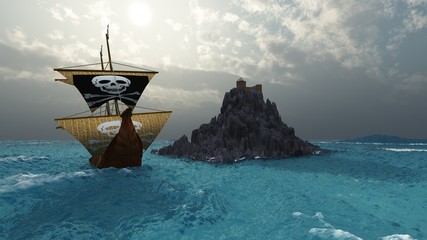 Segelschiff mit Totenkopfzeichen auf dem Segel auf dem Meer