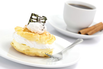 Cream puff cake Dessert and coffee isolated in white background