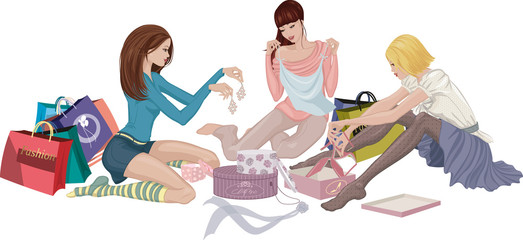 Girls looking at purchased clothing and accessories - 36159490