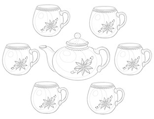 Teapot and cups, contours