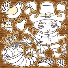 Thanksgiving elements on wooden background.