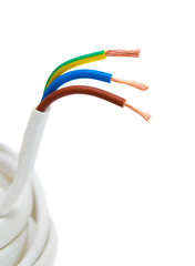 closeup of a three-phase electric cable on a white background
