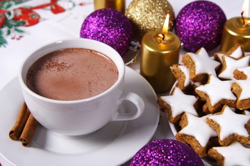 Hot chocolate with cinnamon sticks and cookies
