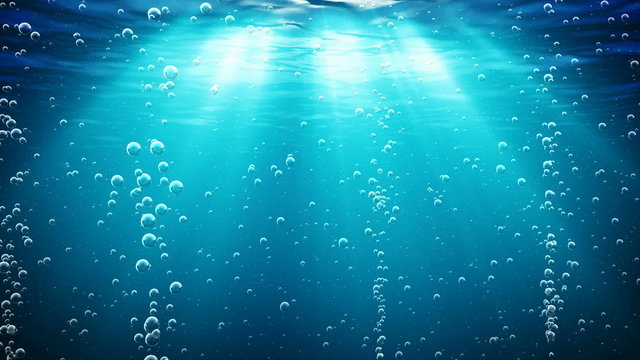 Blue ocean waves from underwater with bubbles. Loop