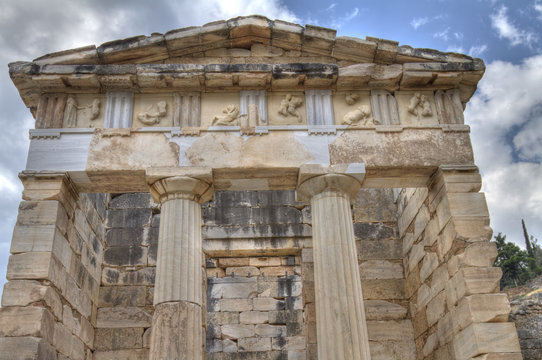 the reconstructed Treasury of Athens at Delphi Greece
