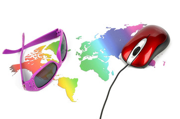 Sunglasses and world map with mouse