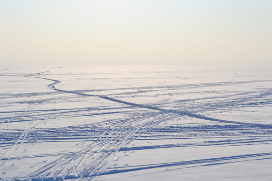 Ski tracks on frozen Gulf of Finland.