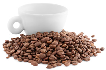 white cup with coffee beans isolated