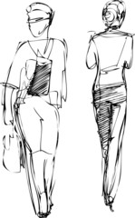 a Sketch of two girls going in different directions