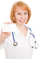 Doctor holding blank card on white background.