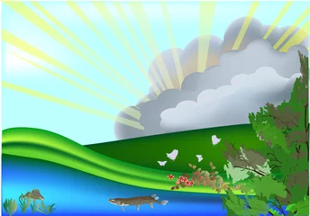 Photo sur Plexiglas Animaux de la forêt illustration avec du poisson dans la rivière