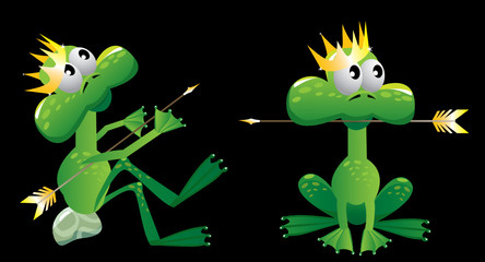 king frog cartoon with arrow and crown