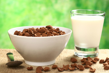 Chocolate wheat flake cereal with a glass of milk