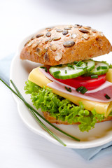 Sandwich with cheese, ham and fresh vegetables