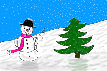 Schneemann mit Tanne im Schnee