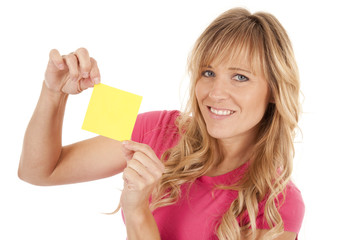 woman smiling with note