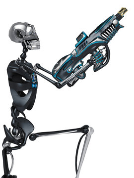 skeleton robot holding a laser gun side view