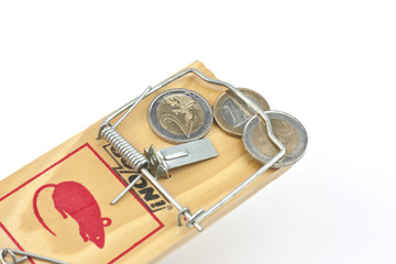 euro coins in mousetrap