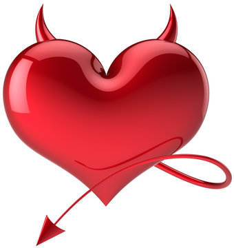Devil heart danger Love symbol total red with horns and a tail