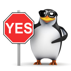 3d Penguin holding Yes Sign