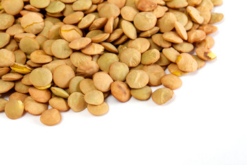 Brown lentils scattered on white background