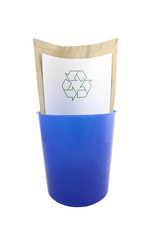 Blue plastic bucket recycle symbol on white background.