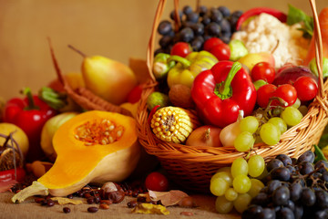 Still life with autumn vegetables and fruits