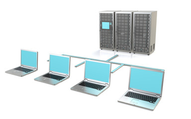 Server Network. 3 Server Racks and Laptops
