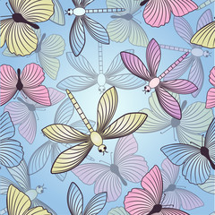 Seamless background with butterflies and dragonflies